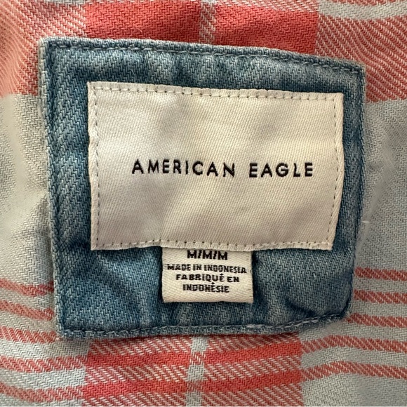 American Eagle Go Big Beach flannel oversized button up shirt in pink and blue M - Picture 15 of 15